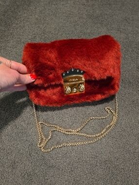 Furla Rust-Red Faux Fur Crossbody with Gold Chain